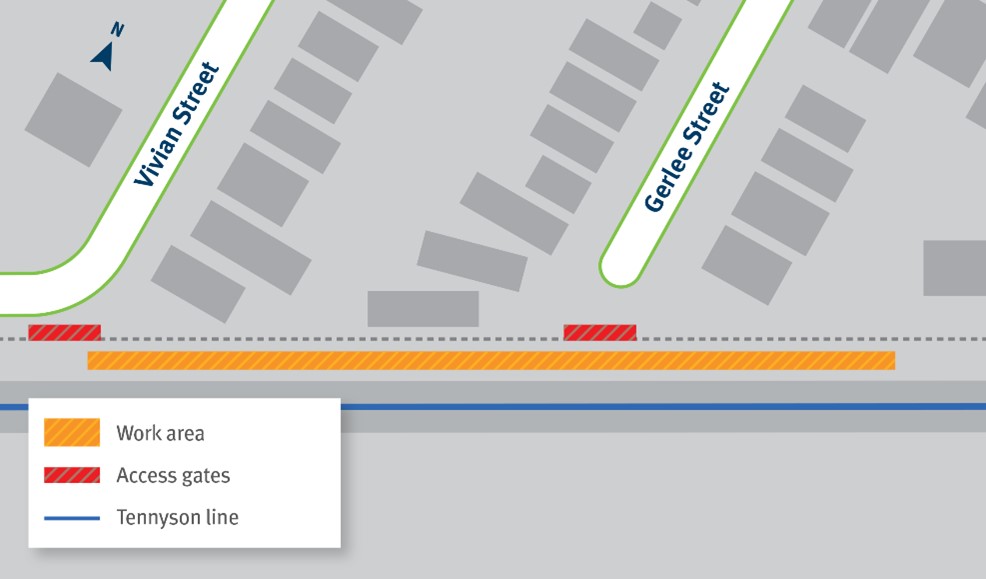 Map of works area for installation of signalling infrastructure within the rail corridor alongside Gerlee Street, Tennyson.