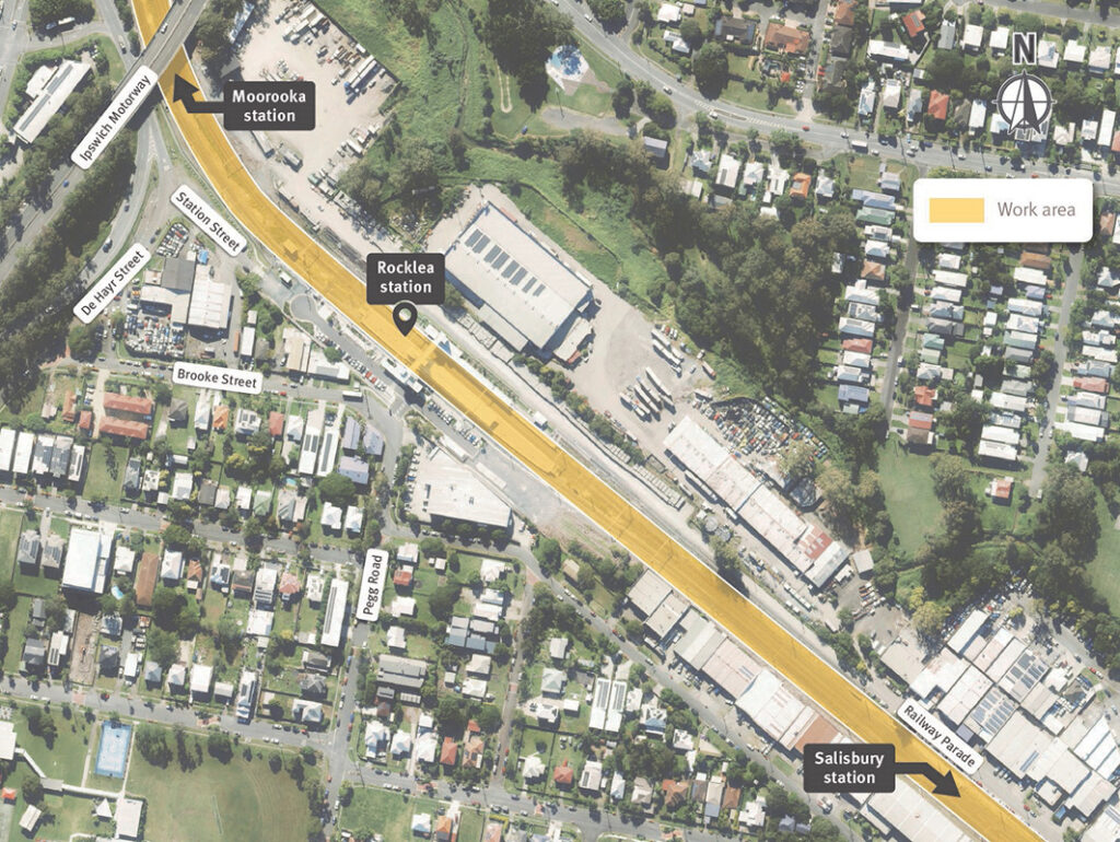 Map showing work areas within the Rocklea station rail corridor, Rocklea