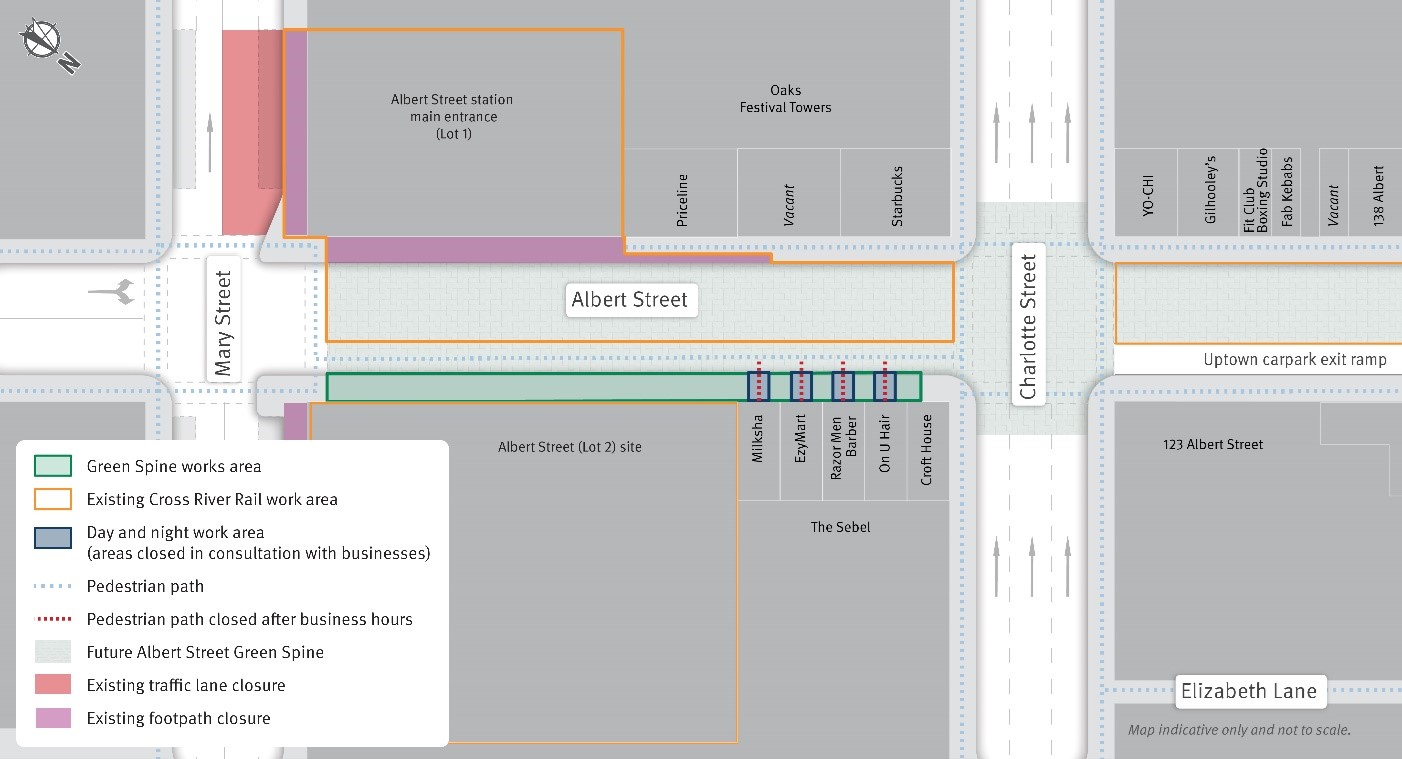 Green Spine work area and pedestrian changes.