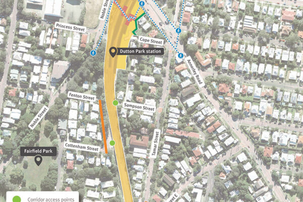Map showing the Dutton Park station work areas, rail corridor stie access points and pedestrian routes between the station and Cornwall Street.
