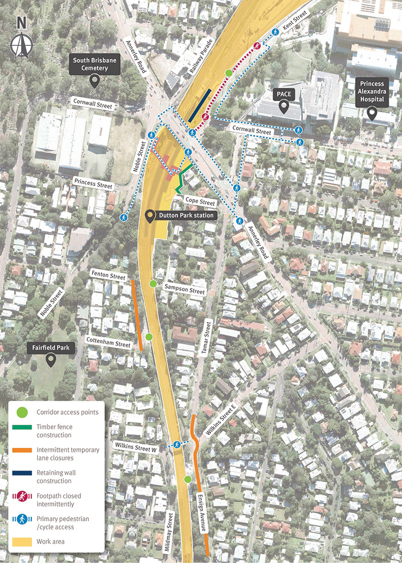 Map showing the Dutton Park station work areas, rail corridor stie access points and pedestrian routes between the station and Cornwall Street.