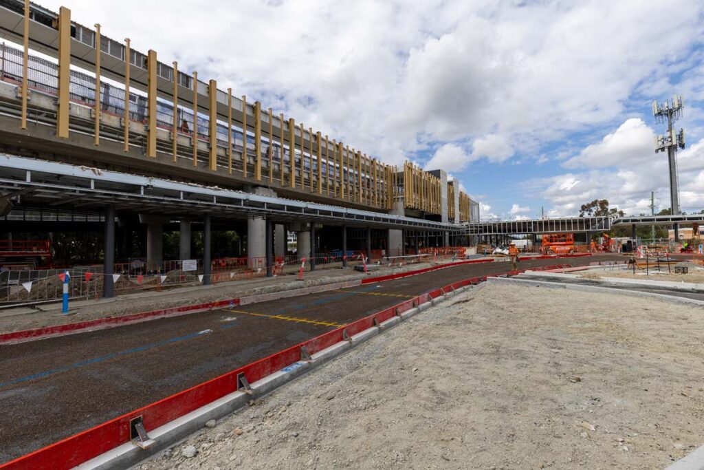 Bus bay and platform construction at the future Hope Island station site.