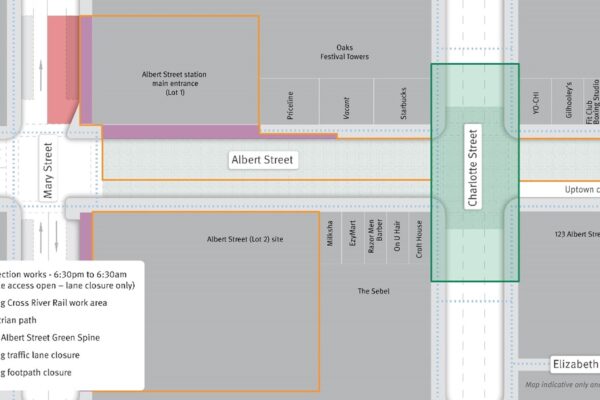 Map of Albert and Charlotte streets intersection works.