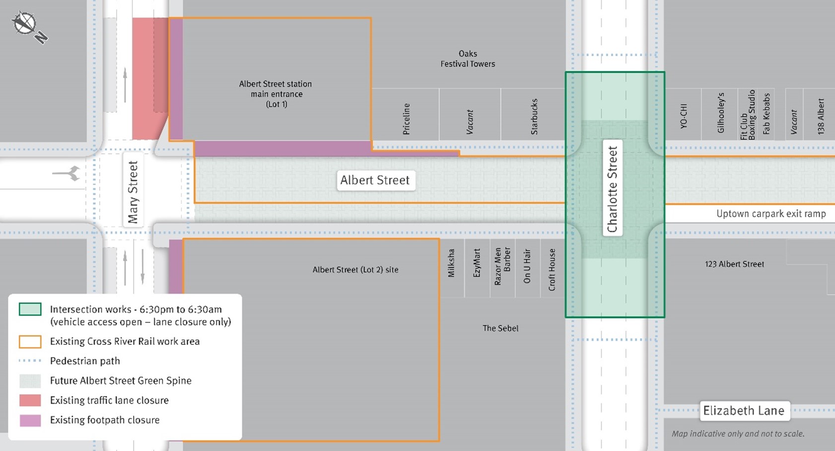 Map of Albert and Charlotte streets intersection works.