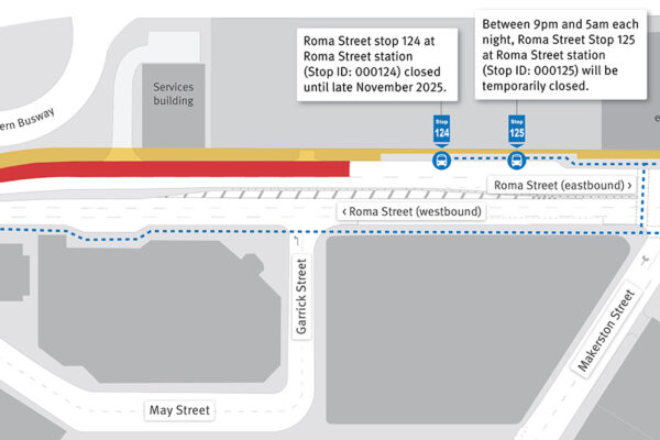 From 16 November 2025 for up to two weeks, there will be eastbound lane closures on Roma Street and temporary changes to on-street bus stops between 9pm and 5am each night