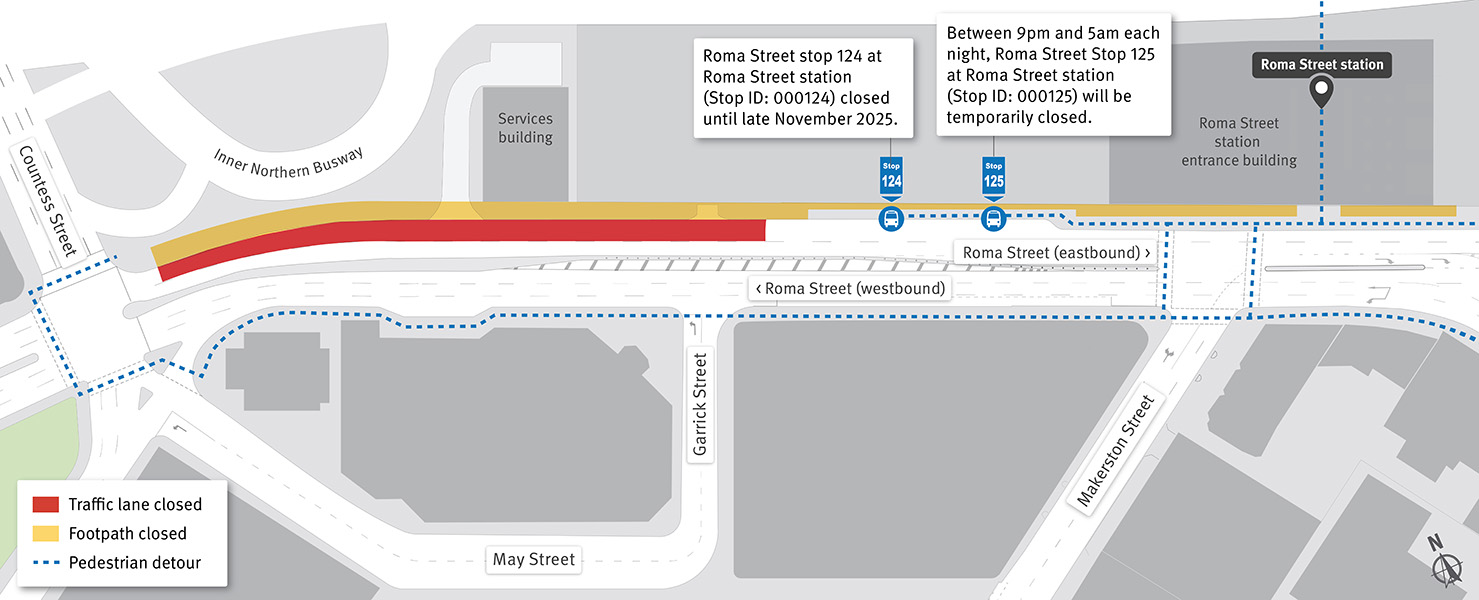 From 16 November 2025 for up to two weeks, there will be eastbound lane closures on Roma Street and temporary changes to on-street bus stops between 9pm and 5am each night