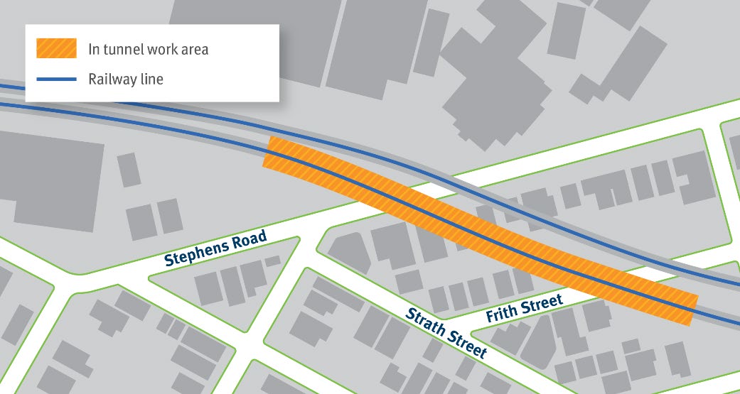 Map of Stephens Road and the railway line in South Brisbane where the works will occur. 