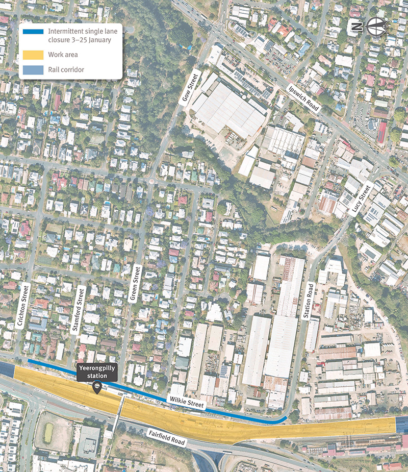 Map showing work areas, temporary traffic changes on Wilkie Street, Yeerongpilly