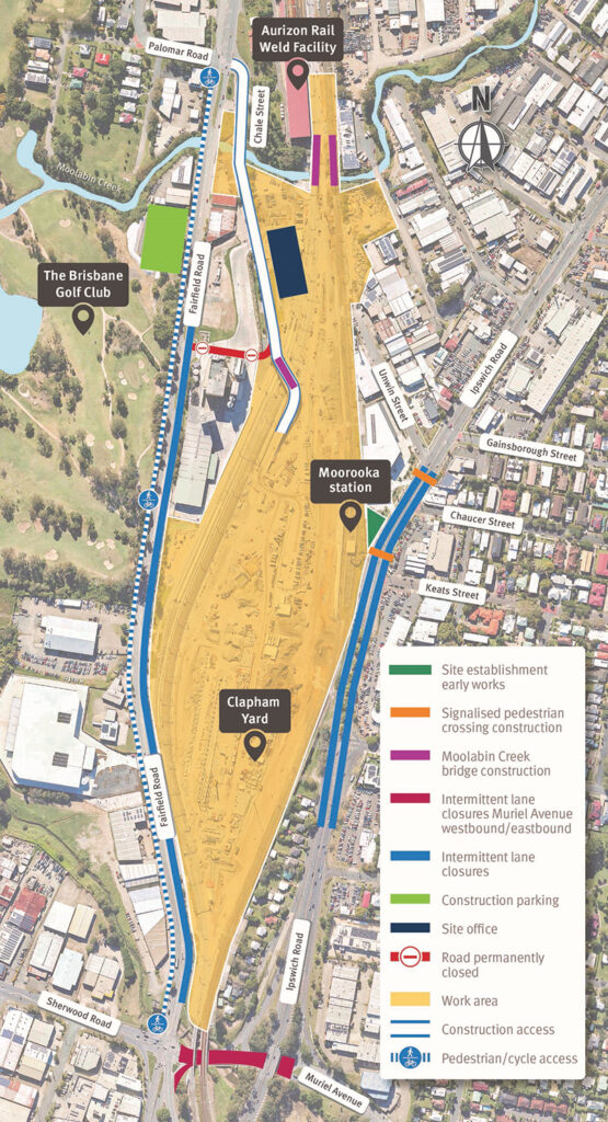 Map of work areas, construction access, cyclist and pedestrian access, and temporary traffic changes on Fairfield Road and Muriel Avenue, Yeerongpilly and Ipswich Road, Moorooka.