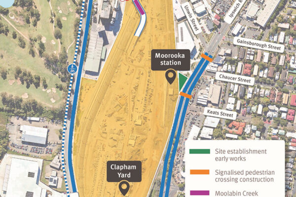 Map of work areas, construction access, cyclist and pedestrian access, and temporary traffic changes on Fairfield Road and Muriel Avenue, Yeerongpilly and Ipswich Road, Moorooka.