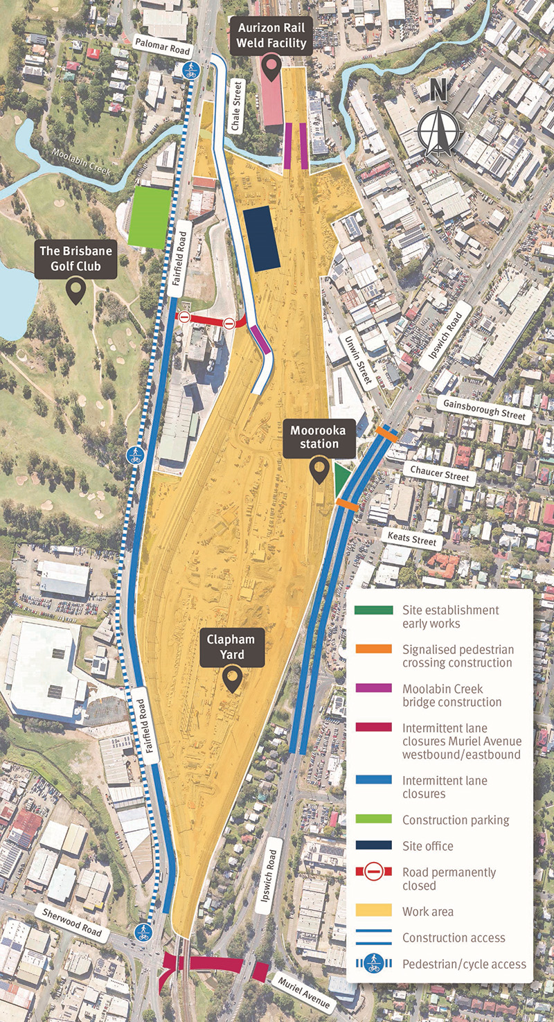 Map of work areas, construction access, cyclist and pedestrian access, and temporary traffic changes on Fairfield Road and Muriel Avenue, Yeerongpilly and Ipswich Road, Moorooka.