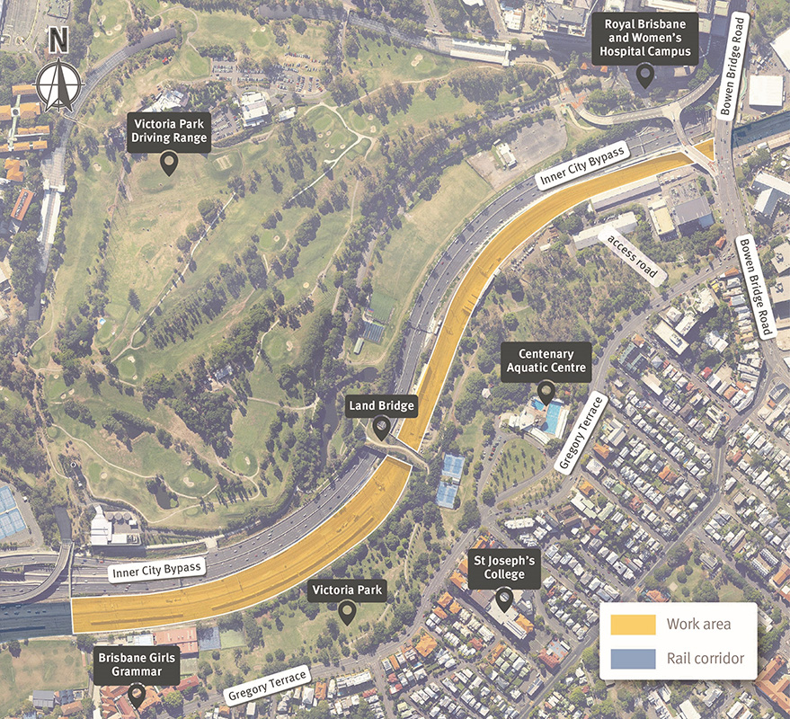 Map showing the work area within the Normanby rail corridor adjacent to the Inner City Bypass between College Road and the Victoria Park Land Bridge.