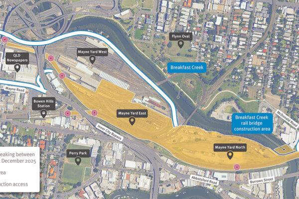 Map showing Mayne Yard work area and construction access points via Lanham Street and Mayne Road, Bowen Hills and Grafton Street, Windsor.