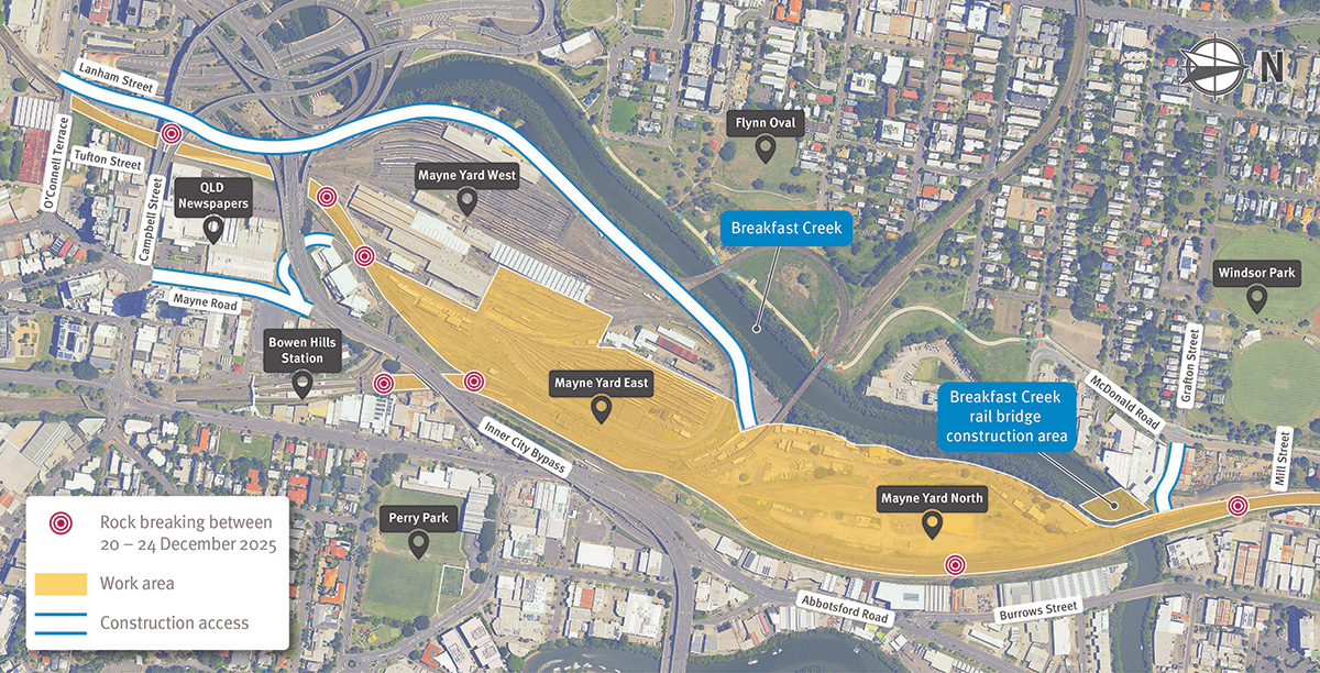 Map showing Mayne Yard work area and construction access points via Lanham Street and Mayne Road, Bowen Hills and Grafton Street, Windsor.