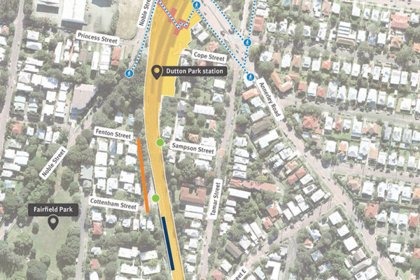 Map showing the Dutton Park station work areas, rail corridor stie access points and pedestrian routes between the station and Cornwall Street.