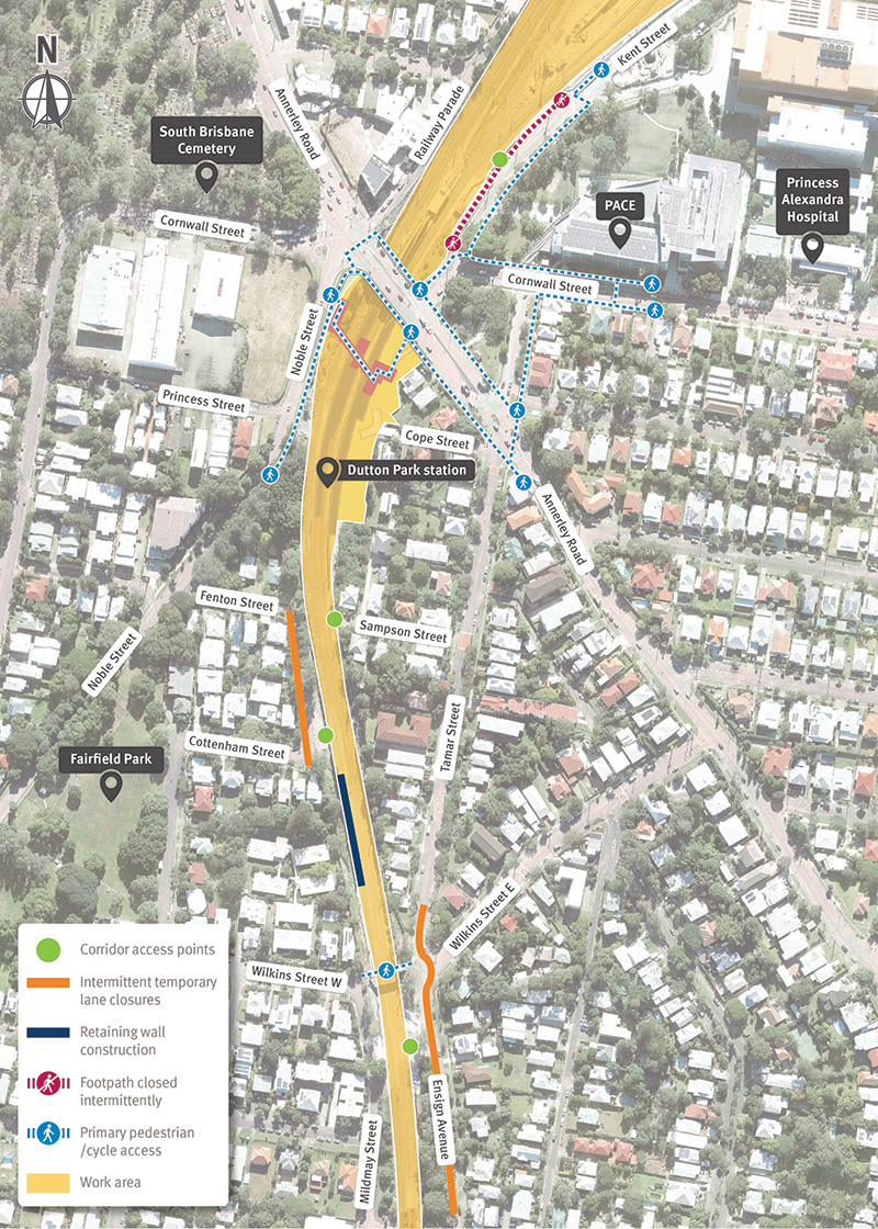 Map showing the Dutton Park station work areas, rail corridor stie access points and pedestrian routes between the station and Cornwall Street.