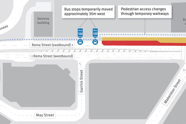 Roma Street temporary eastbound lane and northern footpath changes – late 2025 to early 2026