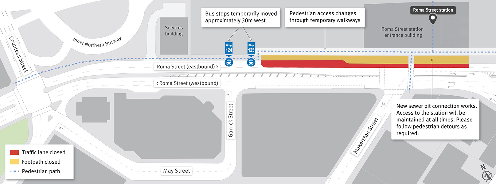 Roma Street temporary eastbound lane and northern footpath changes – late 2025 to early 2026