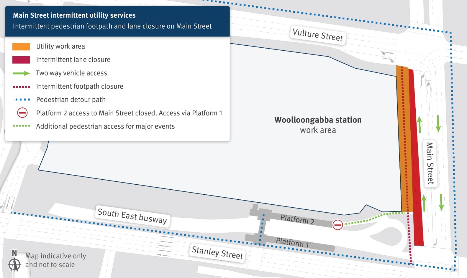 Map showing temporary traffic and pedestrian changes as part of the new Woolloongabba station construction – 6:30pm to 6:30am only.
