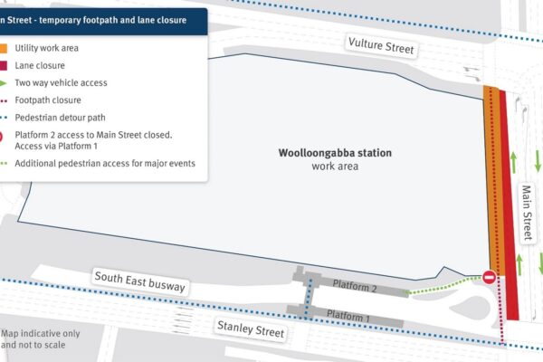 Map for temporary traffic and pedestrian changes as part of the new Woolloongabba station construction.