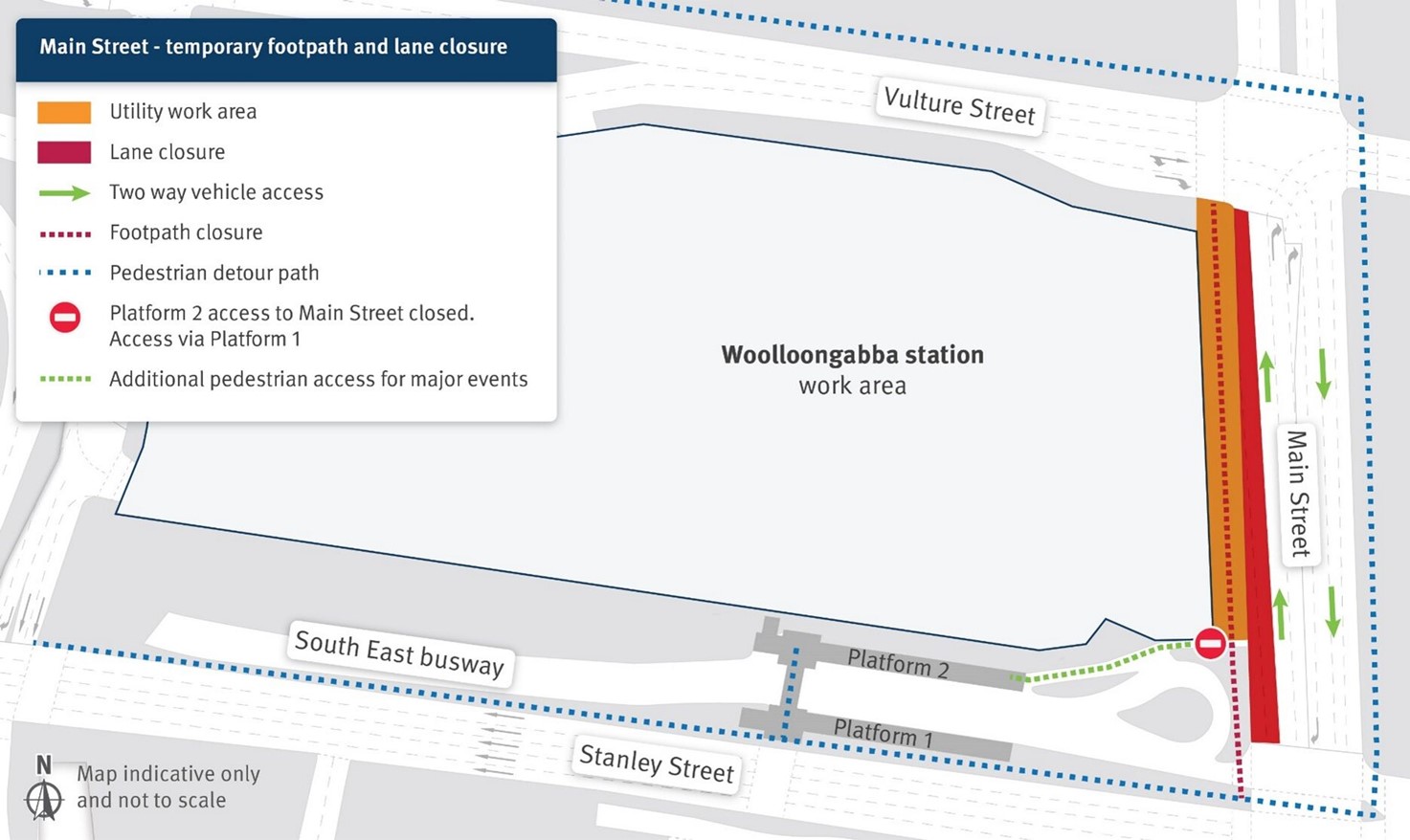 Map for temporary traffic and pedestrian changes as part of the new Woolloongabba station construction.