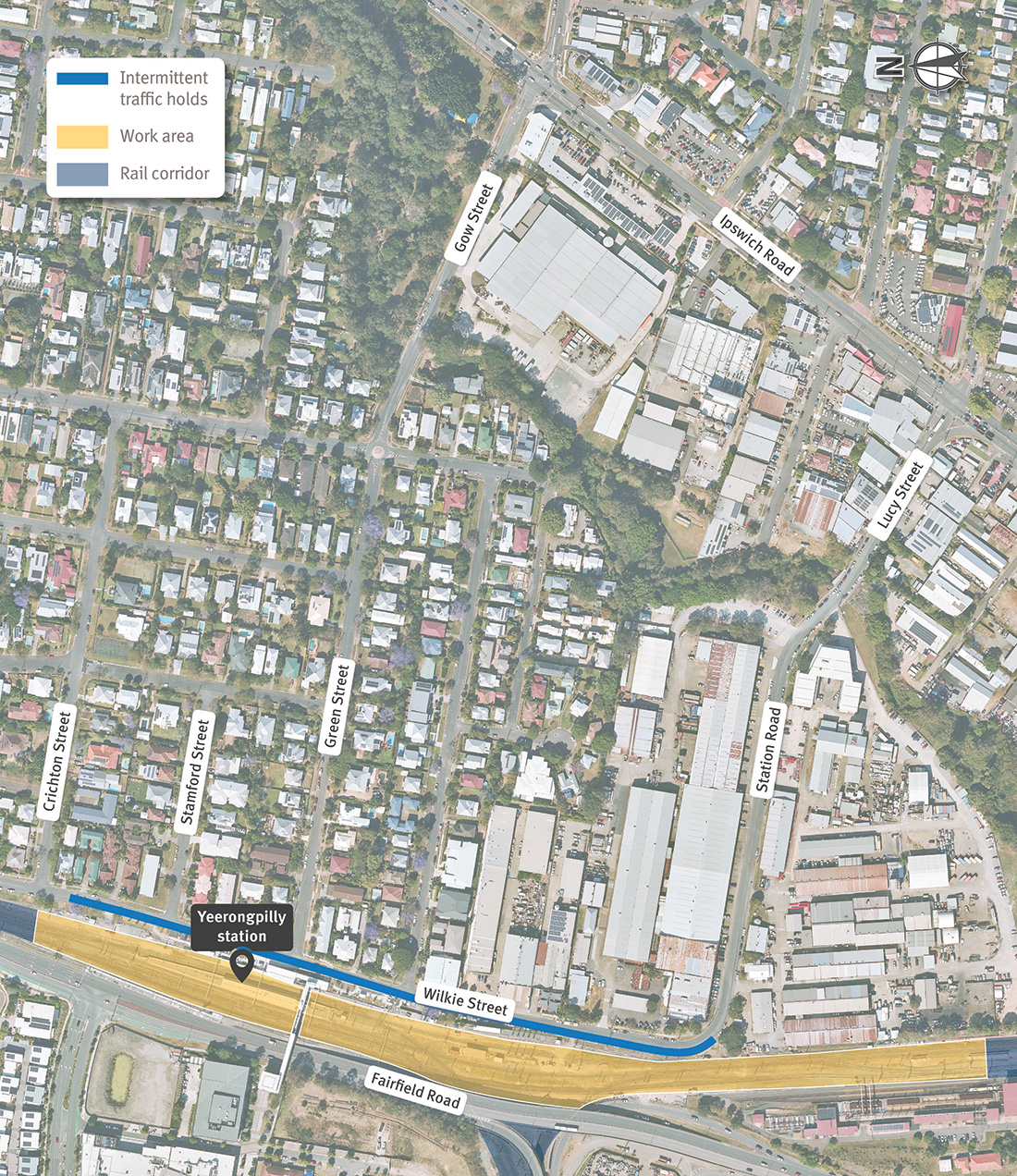 Map showing work areas, temporary traffic changes on Wilkie Street, Yeerongpilly