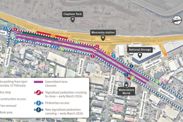 Map of work areas, construction access, cyclist and pedestrian access, and temporary traffic changes on Ipswich Road, Moorooka.