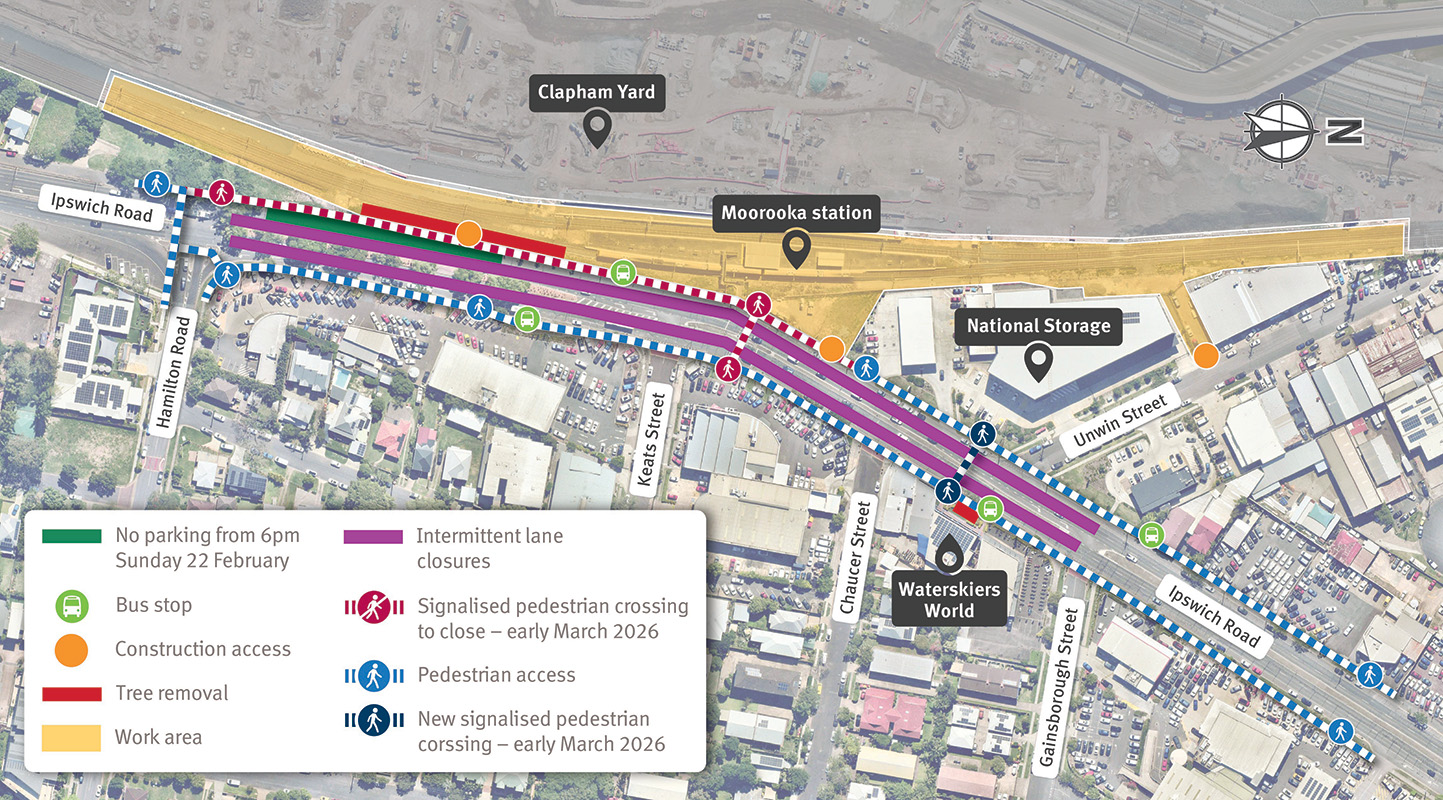 Map of work areas, construction access, cyclist and pedestrian access, and temporary traffic changes on Ipswich Road, Moorooka.