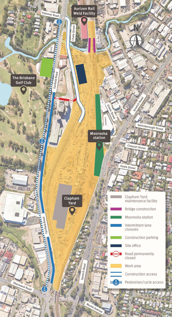 Map of work areas, construction access, cyclist and pedestrian access, and temporary traffic changes on Fairfield Road and Muriel Avenue, Yeerongpilly.