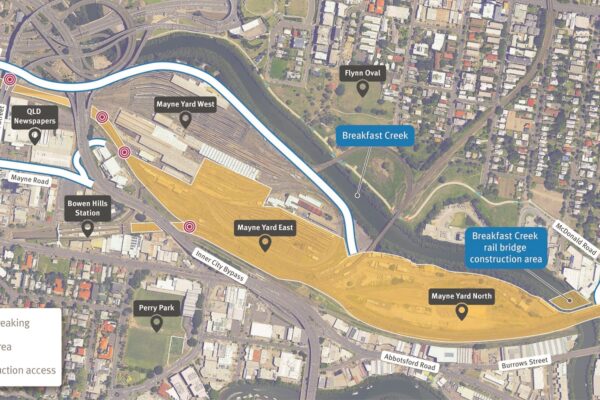 Map showing Mayne Yard work area and construction access points via Lanham Street and Mayne Road, Bowen Hills and Grafton Street, Windsor.