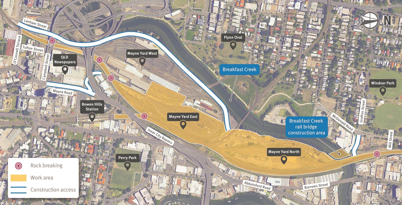Map showing Mayne Yard work area and construction access points via Lanham Street and Mayne Road, Bowen Hills and Grafton Street, Windsor.