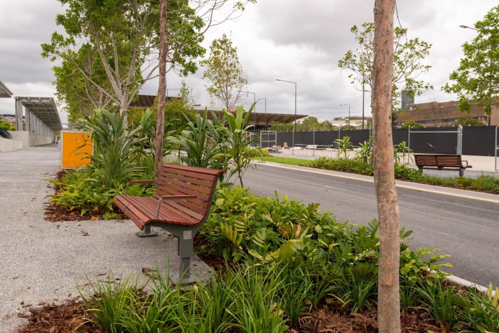 New road, footpath, landscaping, street furniture installed at Woolloongabba station.