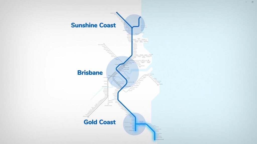 image of rail map highlighting hubs at Sunshine Coast, Brisbane and Gold Coast.