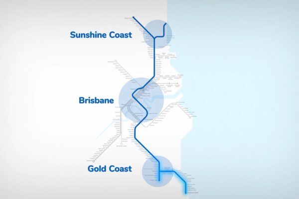 image of rail map highlighting hubs at Sunshine Coast, Brisbane and Gold Coast.