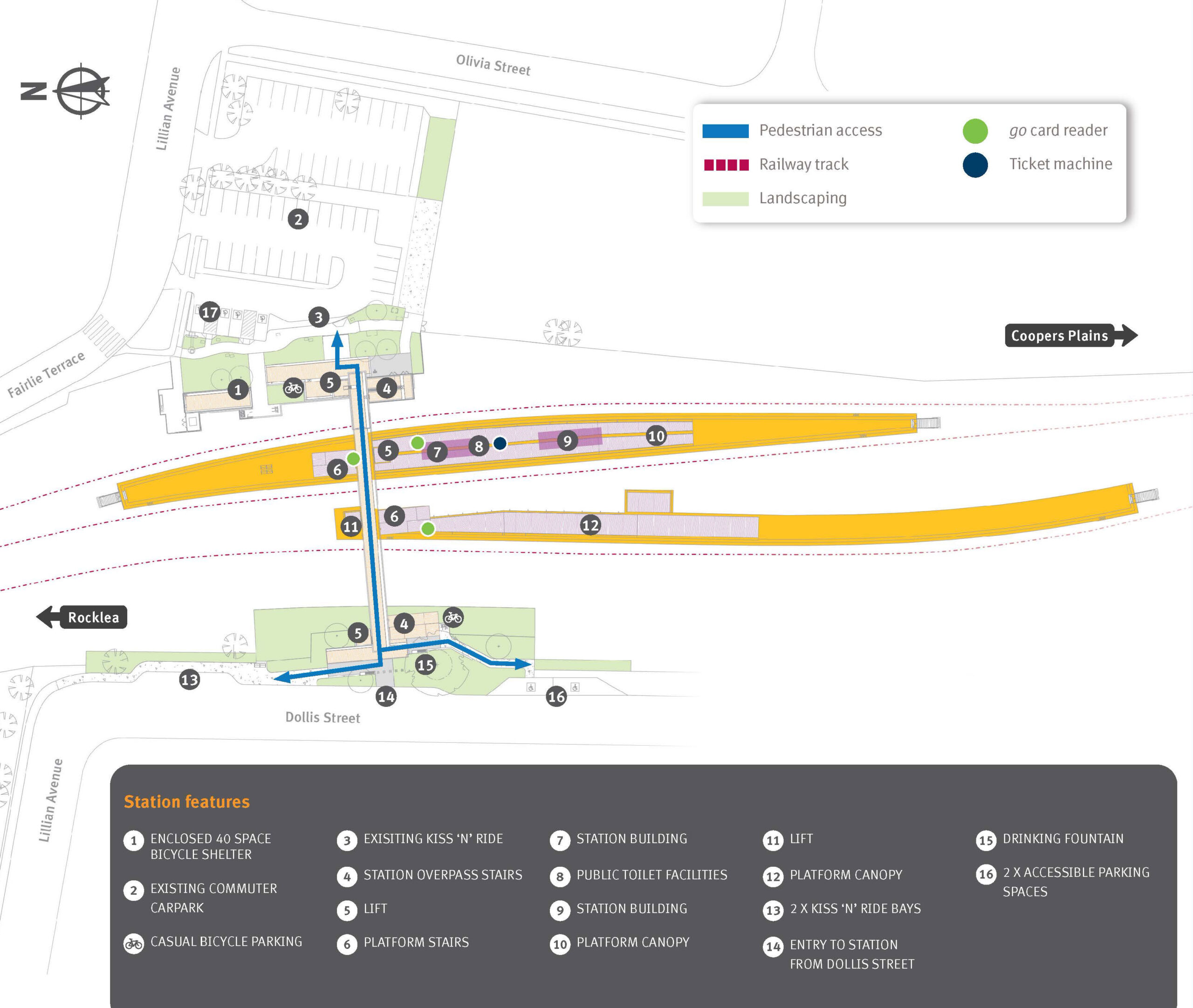 Map showing Salisbury station layout, features and pedestrian access via Lillian Avenue and Dollis Street, Salisbury