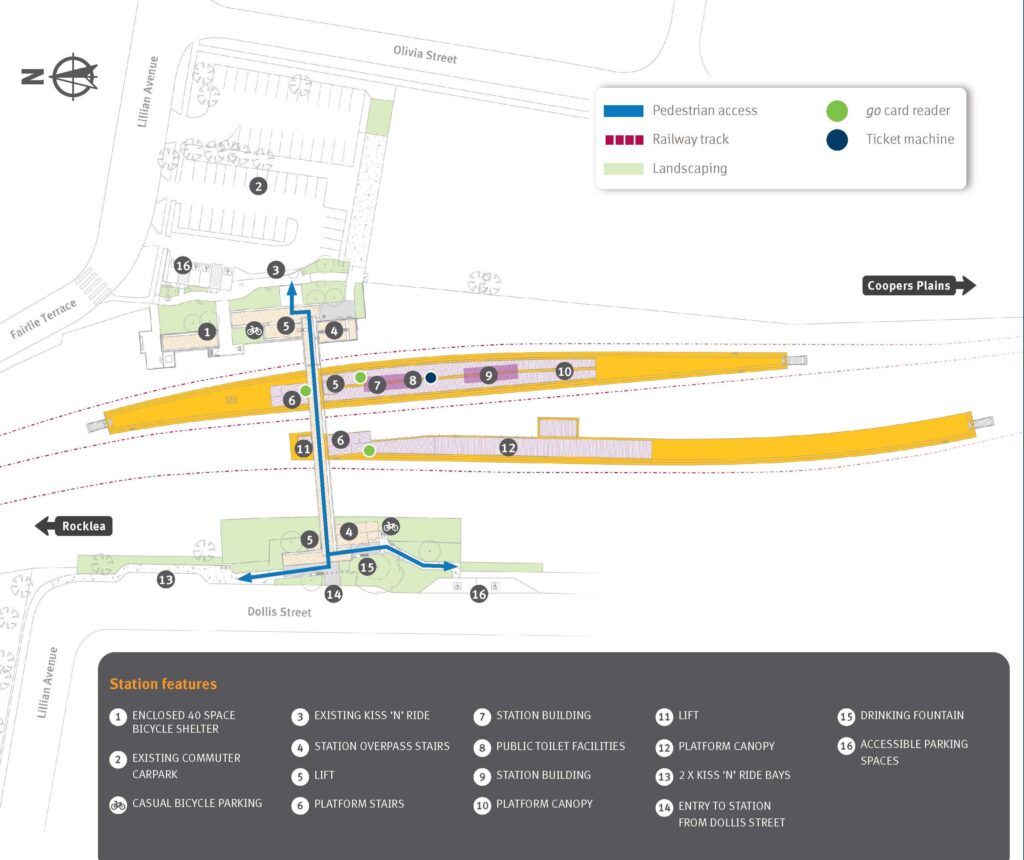 Map showing Salisbury station layout, features and pedestrian access via Lillian Avenue and Dollis Street, Salisbury