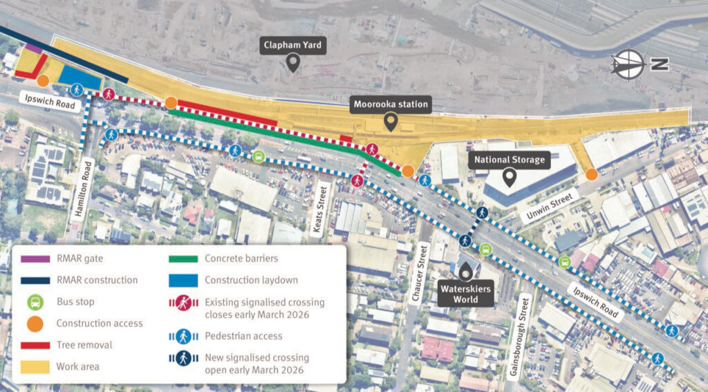 Map of work areas, construction access, cyclist and pedestrian access, and temporary traffic changes on Ipswich Road, Moorooka.