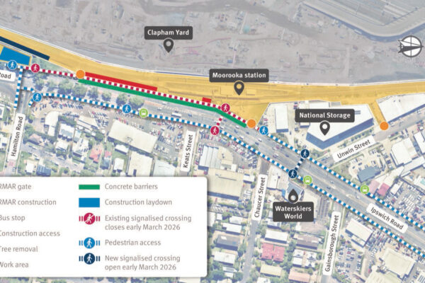Map of work areas, construction access, cyclist and pedestrian access, and temporary traffic changes on Ipswich Road, Moorooka.