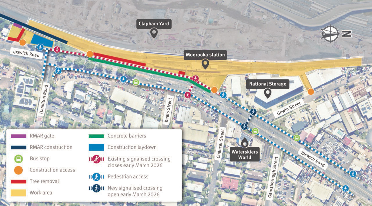 Map of work areas, construction access, cyclist and pedestrian access, and temporary traffic changes on Ipswich Road, Moorooka.