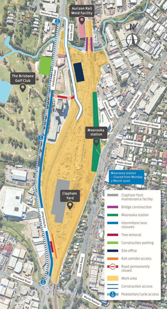Map of work areas, construction access, cyclist and pedestrian access, and temporary traffic changes on Fairfield Road, Yeerongpilly.