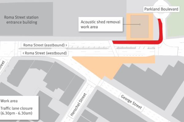 Lane closure from 6:30pm and 6:30am on the corner of Roma Street and Parkland Boulevard associated with the Acoustic shed removal.