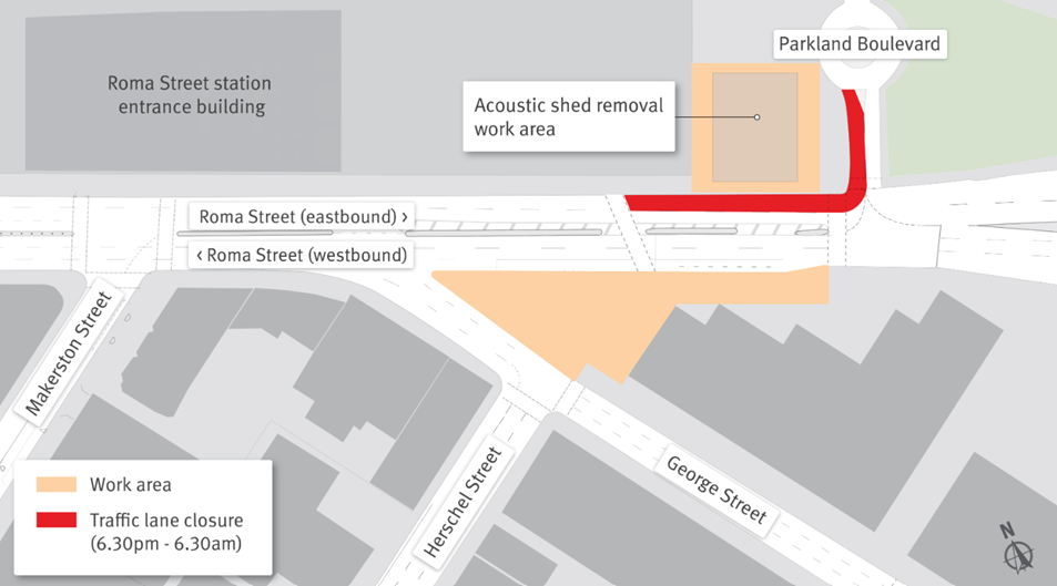 Lane closure from 6:30pm and 6:30am on the corner of Roma Street and Parkland Boulevard associated with the Acoustic shed removal.