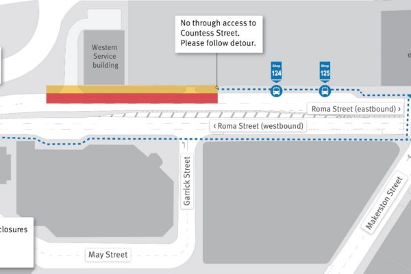 Roma Street northern footpath and eastbound lane changes will occur from mid-March for approximately four weeks.