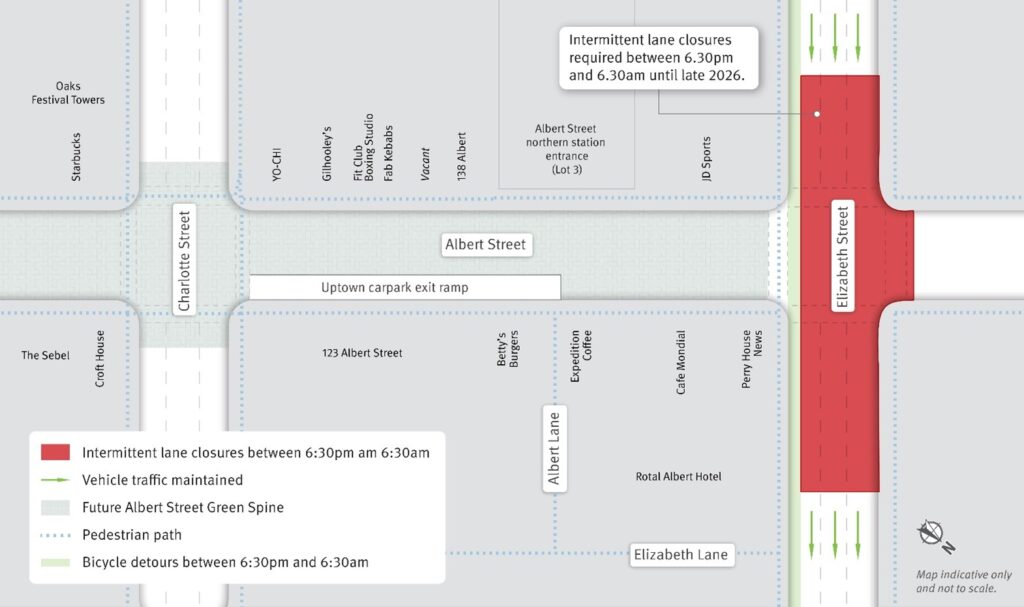 Intermittent lane closures will be required on Elizabeth Street between 6:30pm and 6:30am until late 2026.