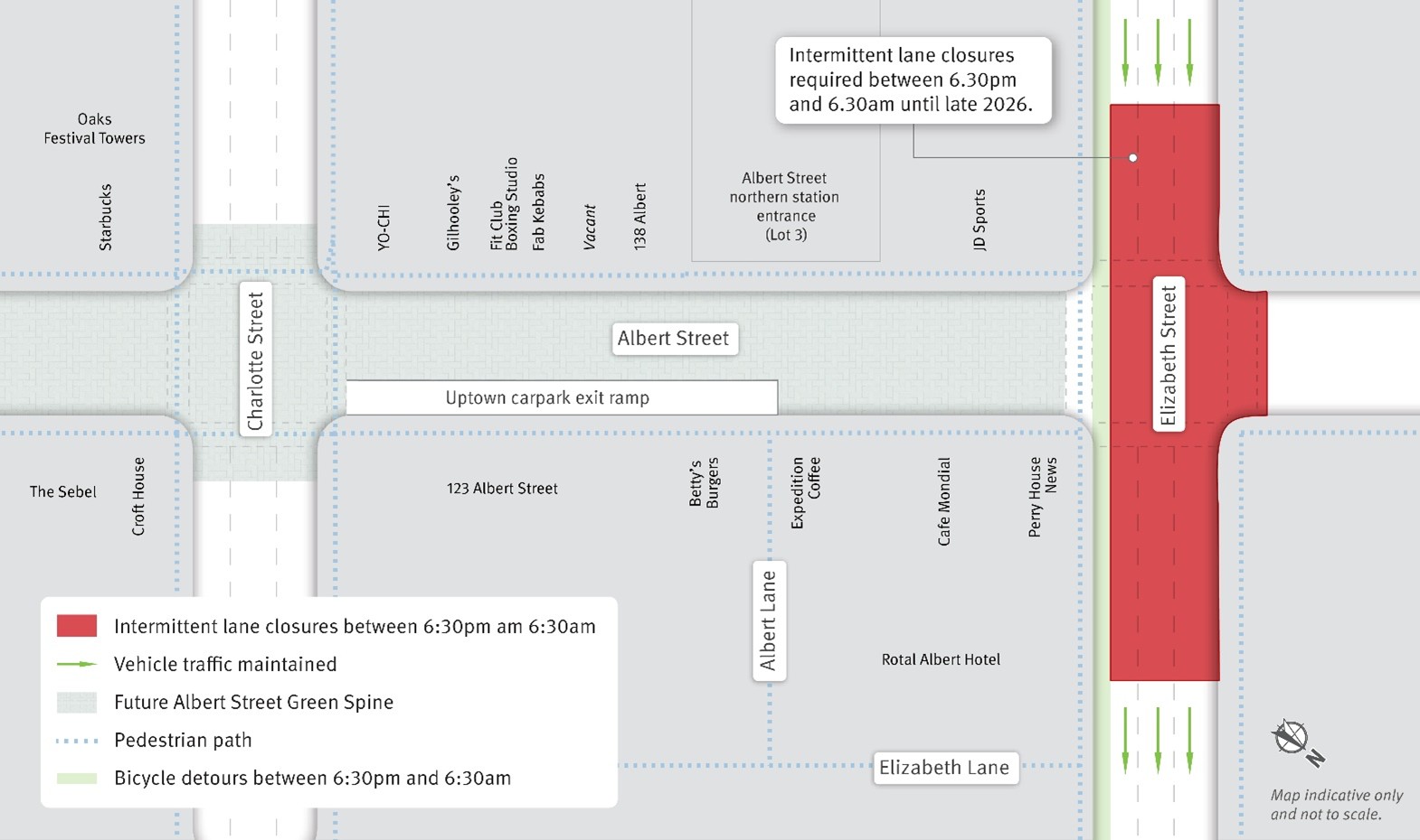 Intermittent lane closures will be required on Elizabeth Street between 6:30pm and 6:30am until late 2026.