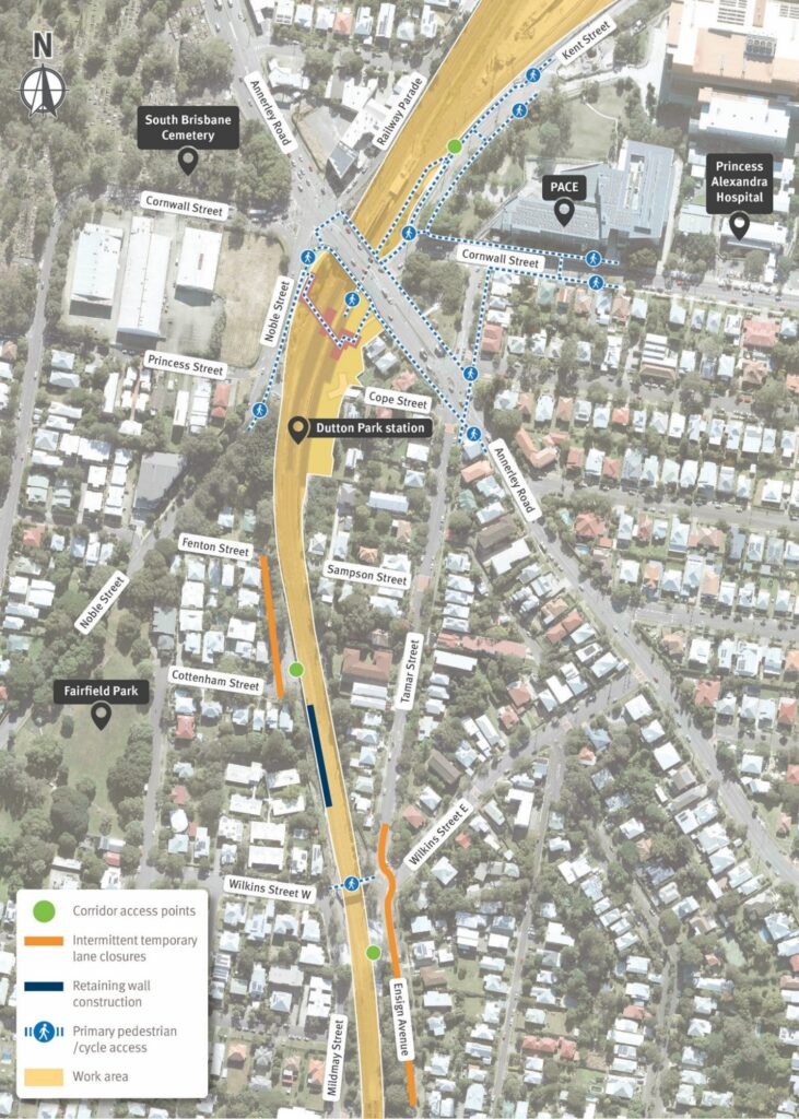 Map of Dutton park works areas in April and May 2026.