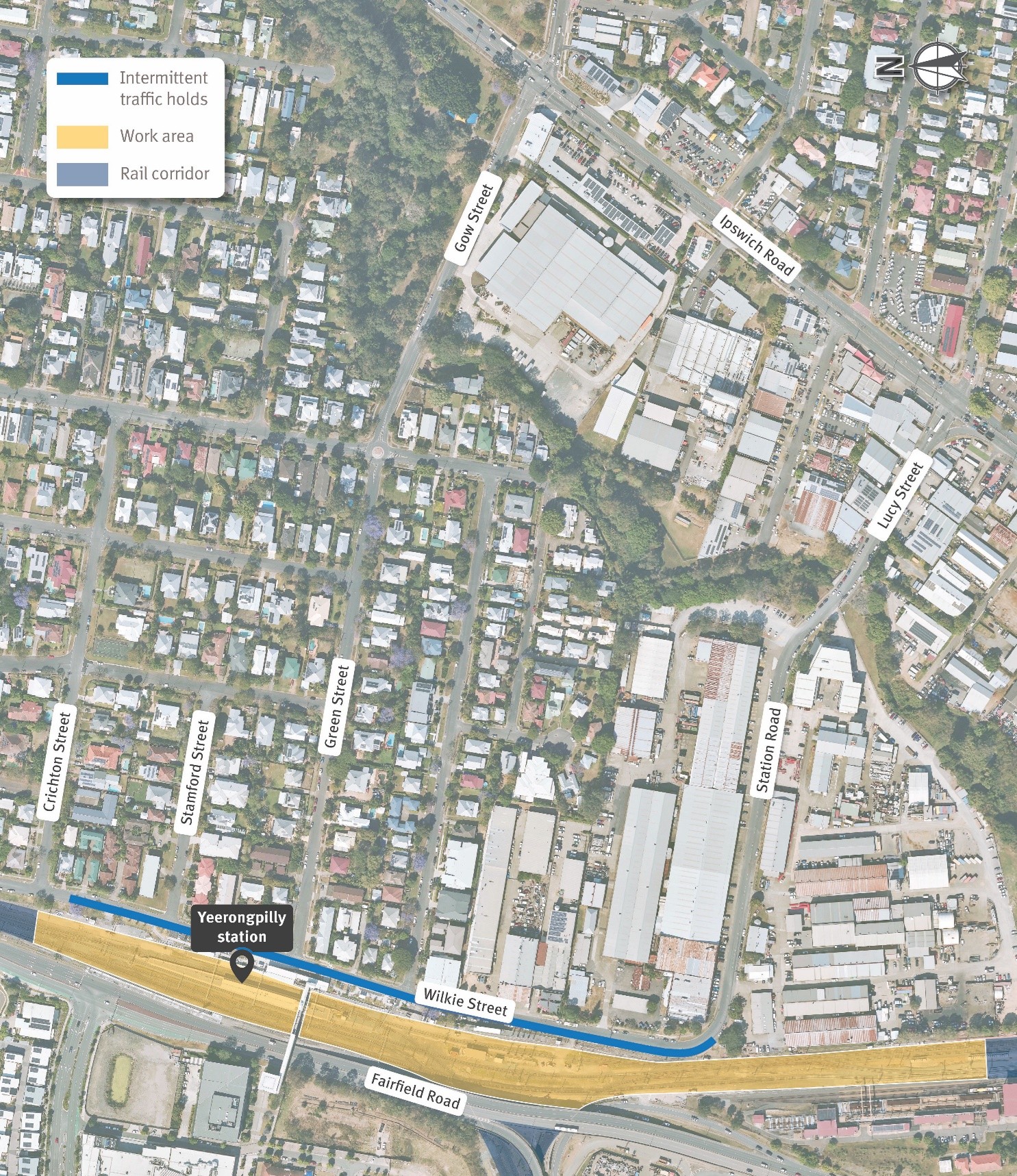 Map of Yeerongpilly station works area along Fairfield Road and Wilkie Street for April 2026.