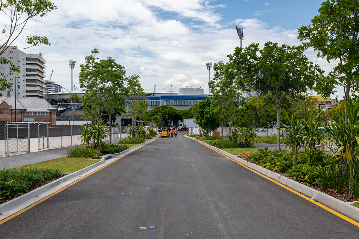 New Woolloongabba precinct access road leading from the station entrance to Main Street.