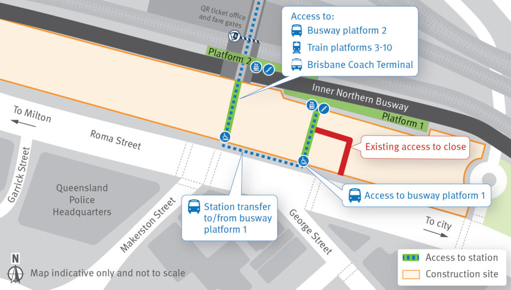 Access change to Roma Street busway platform 1 from 18 May 2026.
