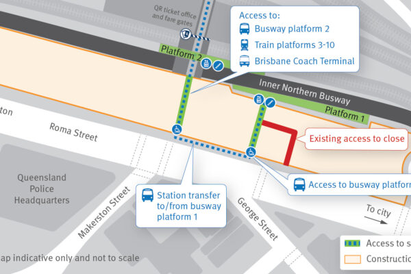 Access change to Roma Street busway platform 1 from 18 May 2026.